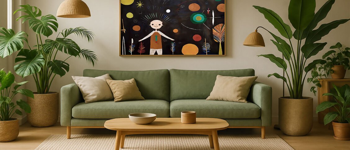 Eco-friendly modern living room with sofa, flanked by plants and rattan lamps. An abstract painting is behind the sofa.