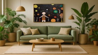 Eco-friendly modern living room with sofa, flanked by plants and rattan lamps. An abstract painting is behind the sofa.
