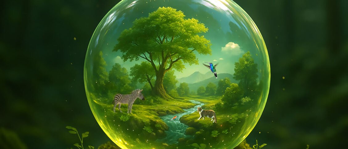 A glowing crystal orb containing a thriving ecosystem .