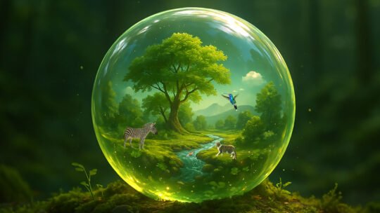 A glowing crystal orb containing a thriving ecosystem .