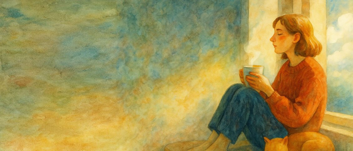 Woman sitting on a window bench blissfully sipping tea as a cat sleeps next to her hip.