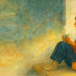 Woman sitting on a window bench blissfully sipping tea as a cat sleeps next to her hip.
