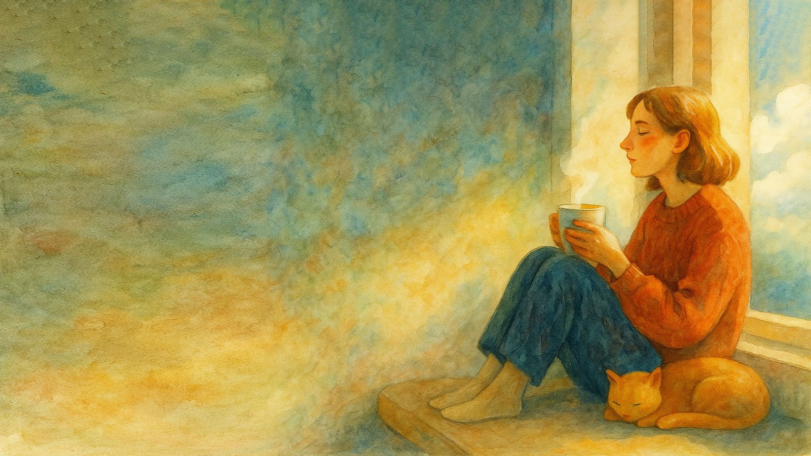 Woman sitting on a window bench blissfully sipping tea as a cat sleeps next to her hip.