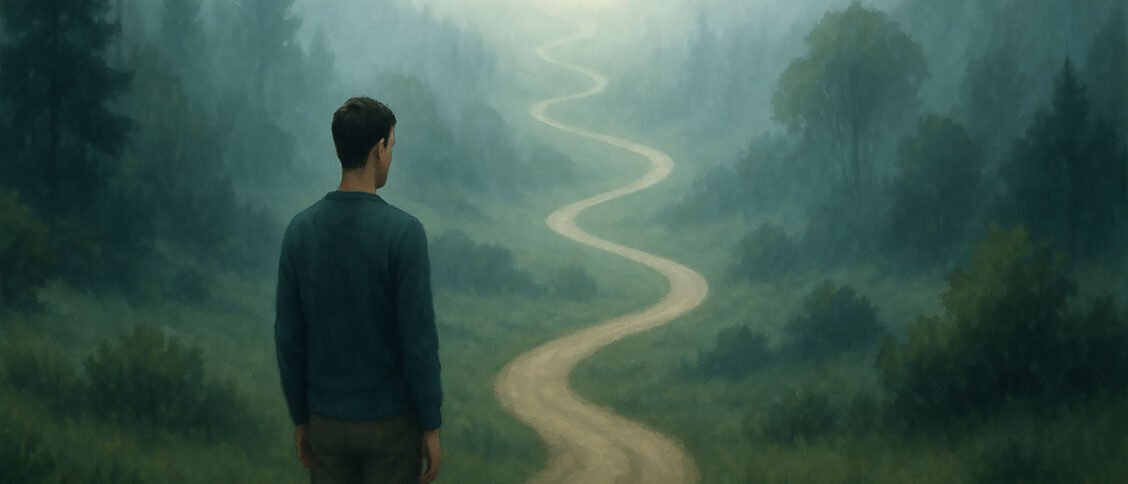 Man backing the viewer, contemplating a winding path ahead.