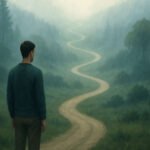 Man backing the viewer, contemplating a winding path ahead.