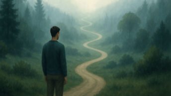 Man backing the viewer, contemplating a winding path ahead.
