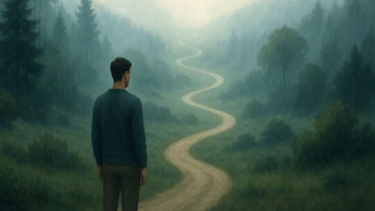 Man backing the viewer, contemplating a winding path ahead.