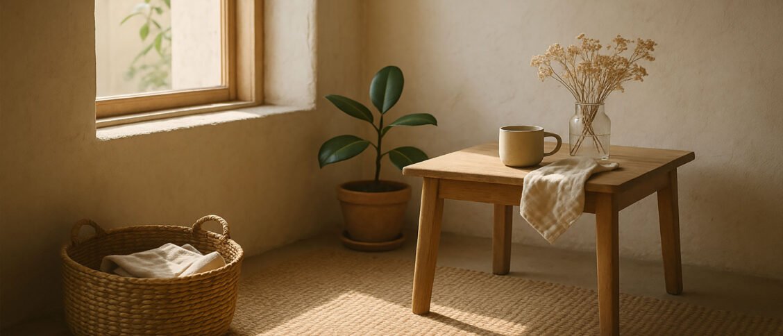 Corner of a minimalist sustainable home with green plant and dried flowers in a vase on wooden table and a clothes hamper under the window.