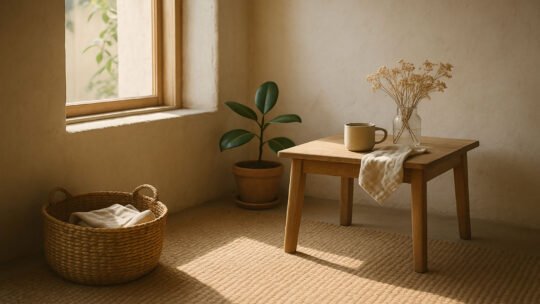Corner of a minimalist sustainable home with green plant and dried flowers in a vase on wooden table and a clothes hamper under the window.