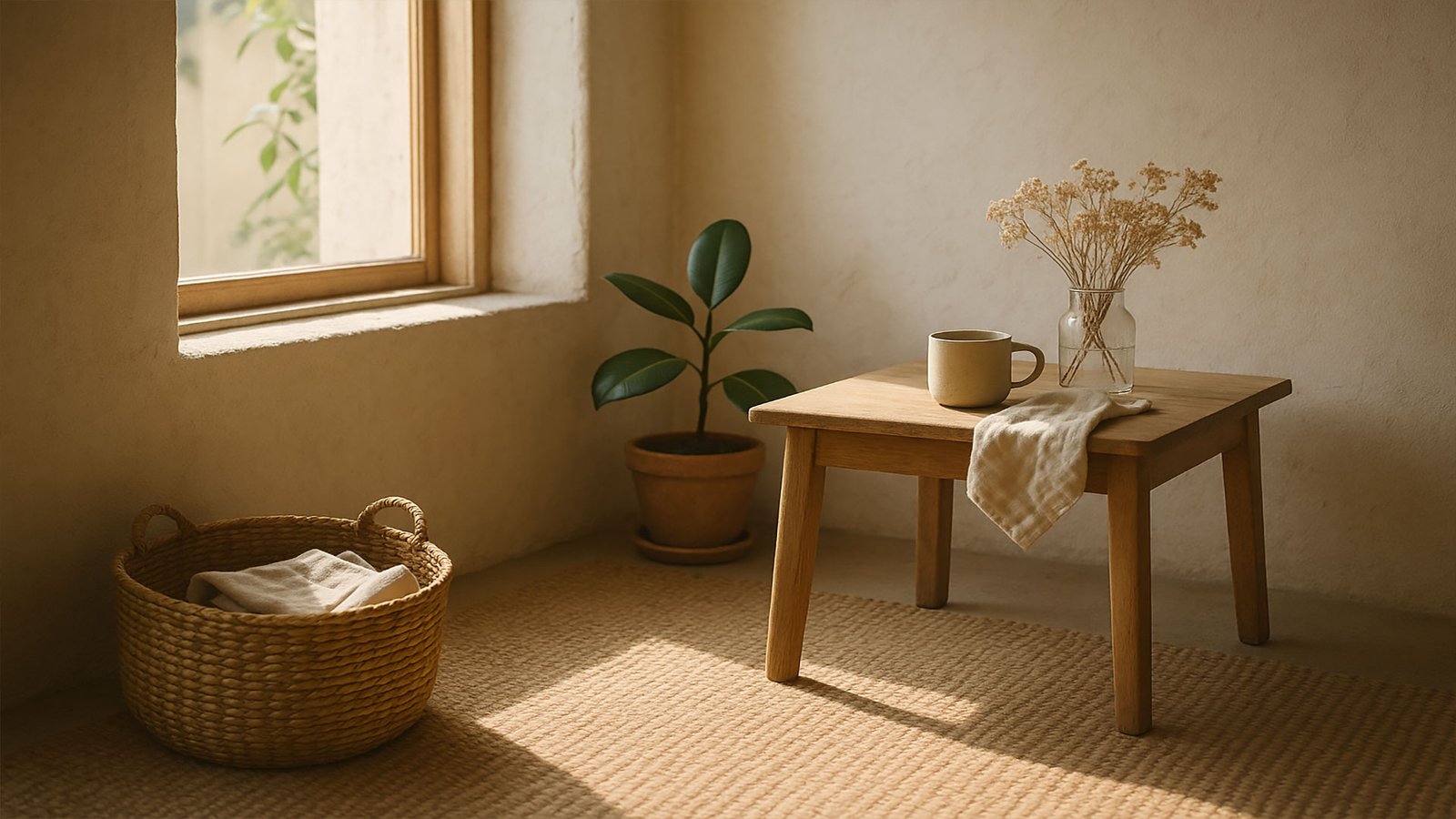Corner of a minimalist sustainable home with green plant and dried flowers in a vase on wooden table and a clothes hamper under the window.