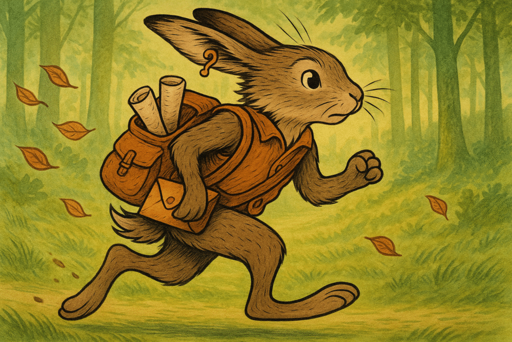 A young hare messenger named Nim is mid-stride, running along a forest path in early morning light. She wears a stitched orange messenger vest and carries a satchel stuffed with scrolls, one letter peeking out. A brass pin shaped like a question mark is clipped to her left ear. Leaves swirl behind her, kicked up by her speed.