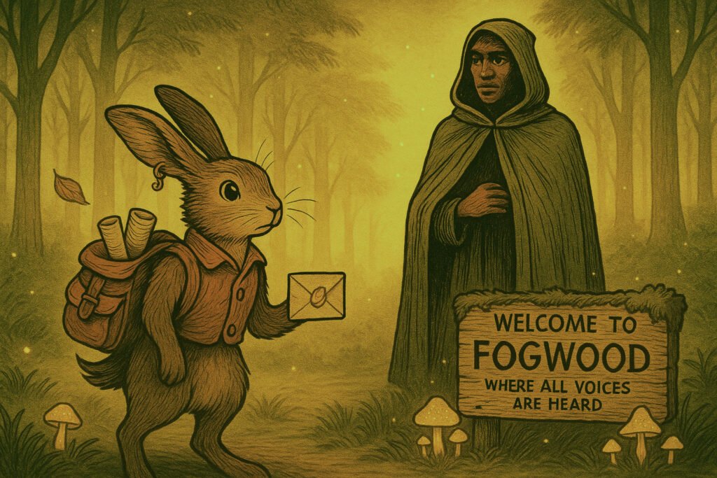 Nim, a hare messenger and Wren a tall figure in a cloak.
