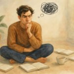 Man sitting croseed-legged surrounded by several open books. A scribbly thought bubble floats above his head,