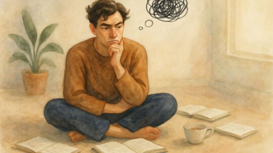 Man sitting croseed-legged surrounded by several open books. A scribbly thought bubble floats above his head,