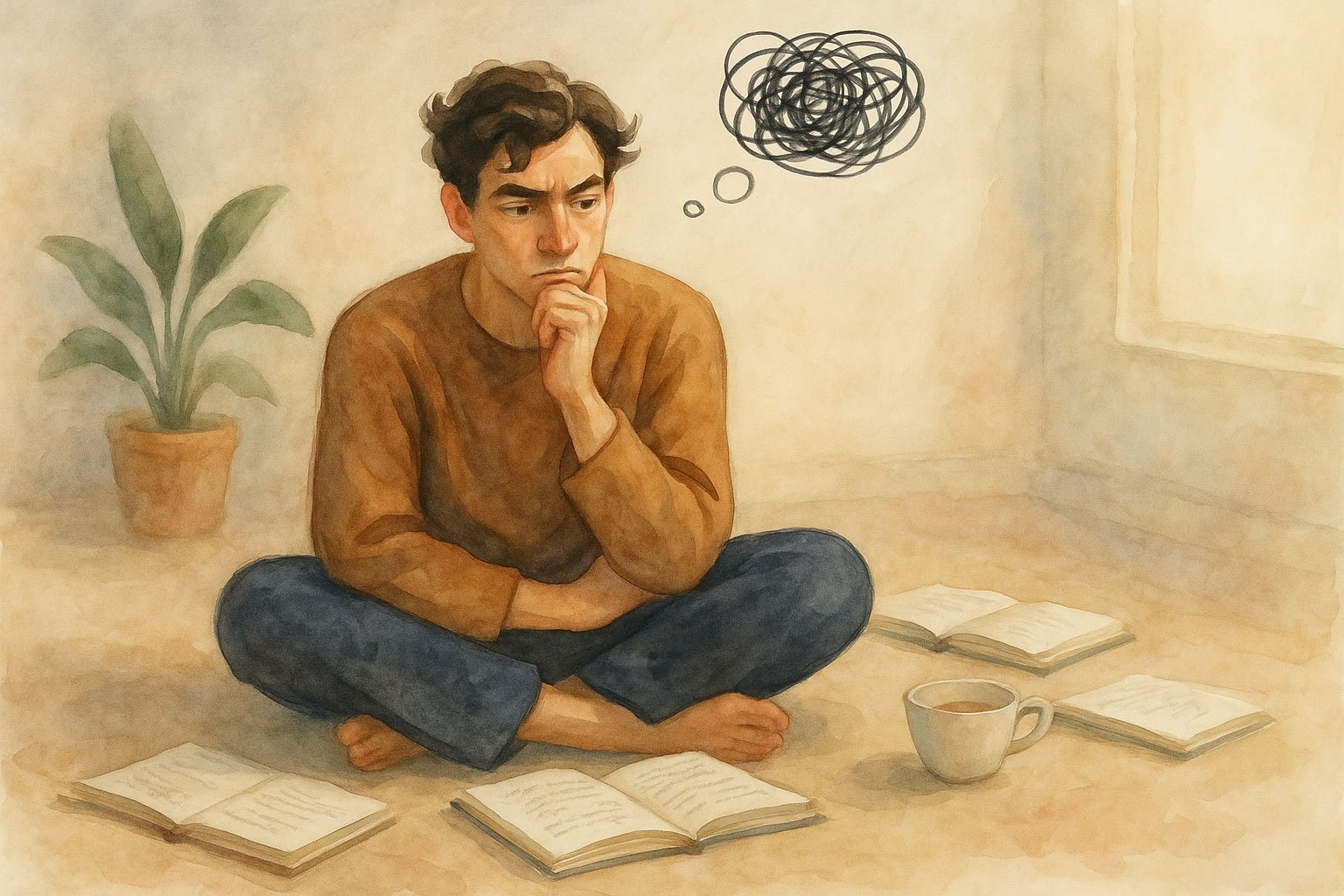 Man sitting croseed-legged surrounded by several open books. A scribbly thought bubble floats above his head,