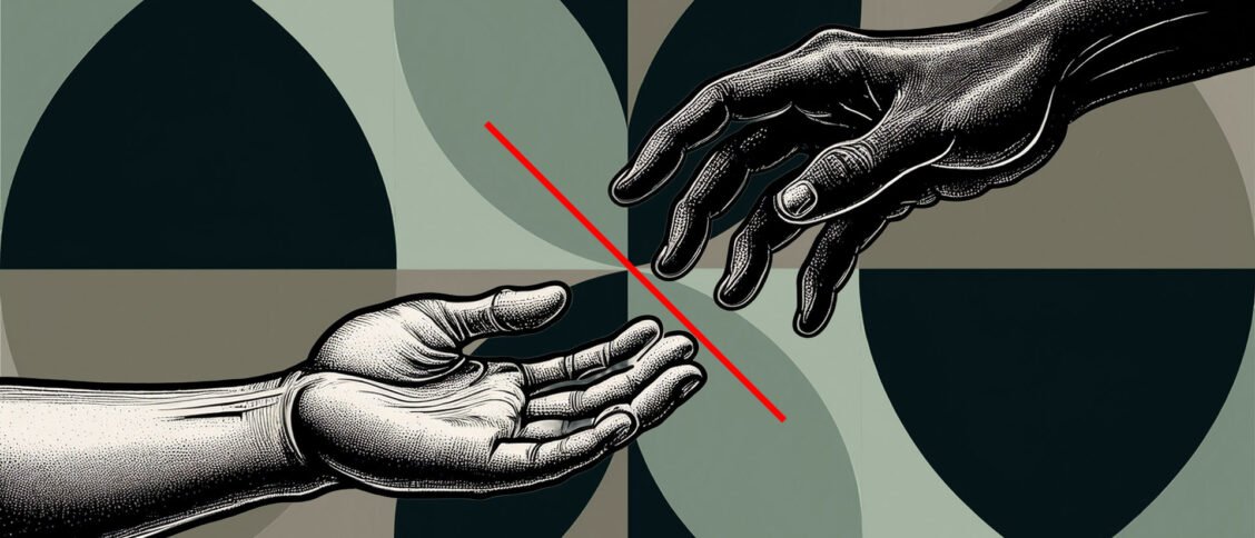 Two hands reaching out across a dividing line.