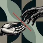 Two hands reaching out across a dividing line.