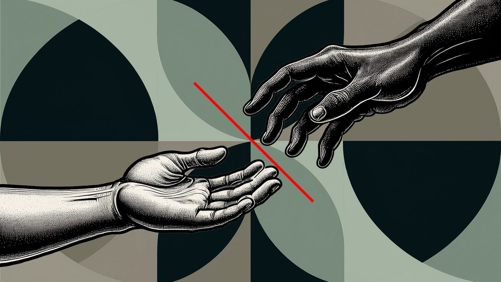 Two hands reaching out across a dividing line.