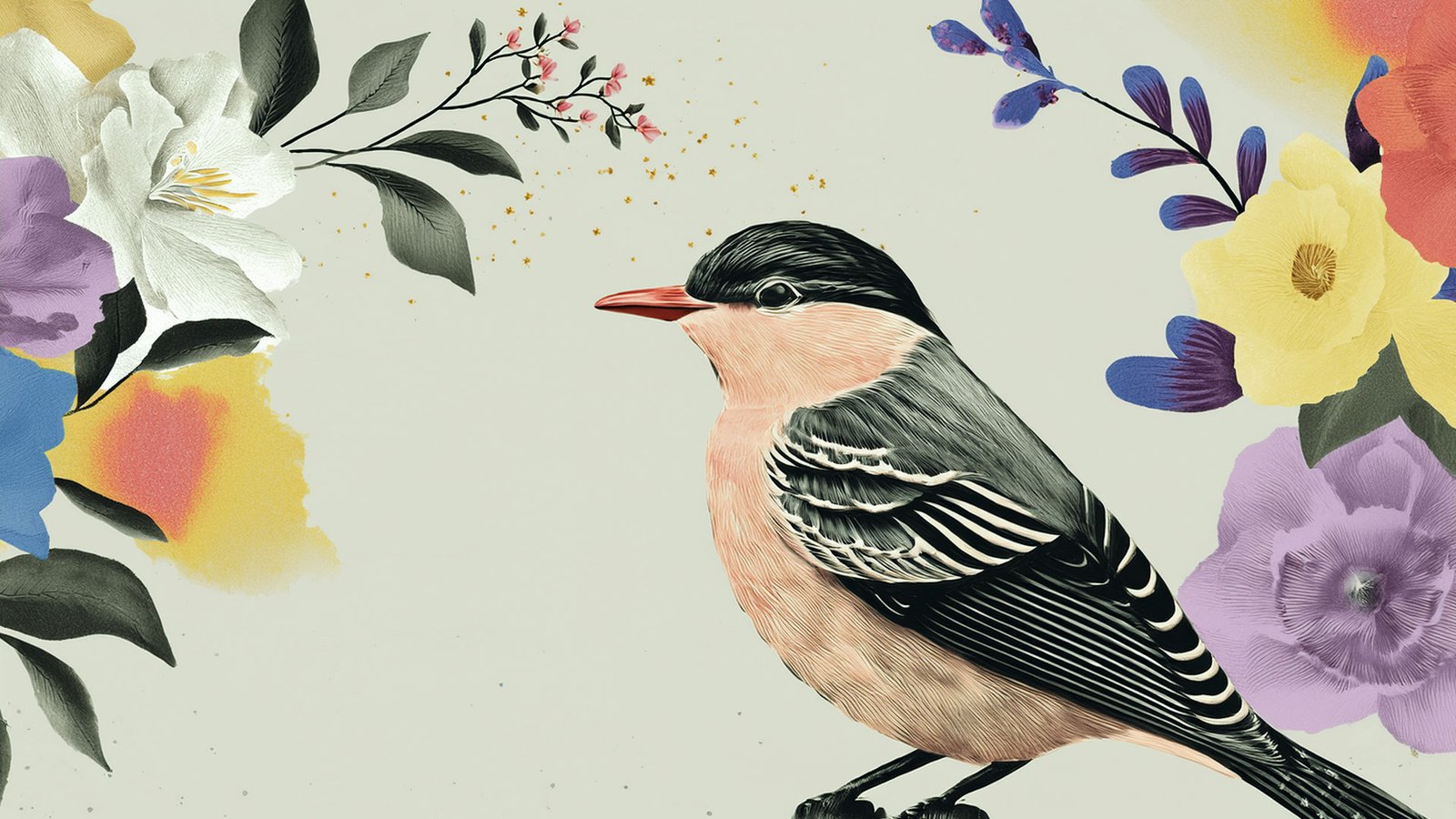 Peacemaker bird flanked by flowers on either side.