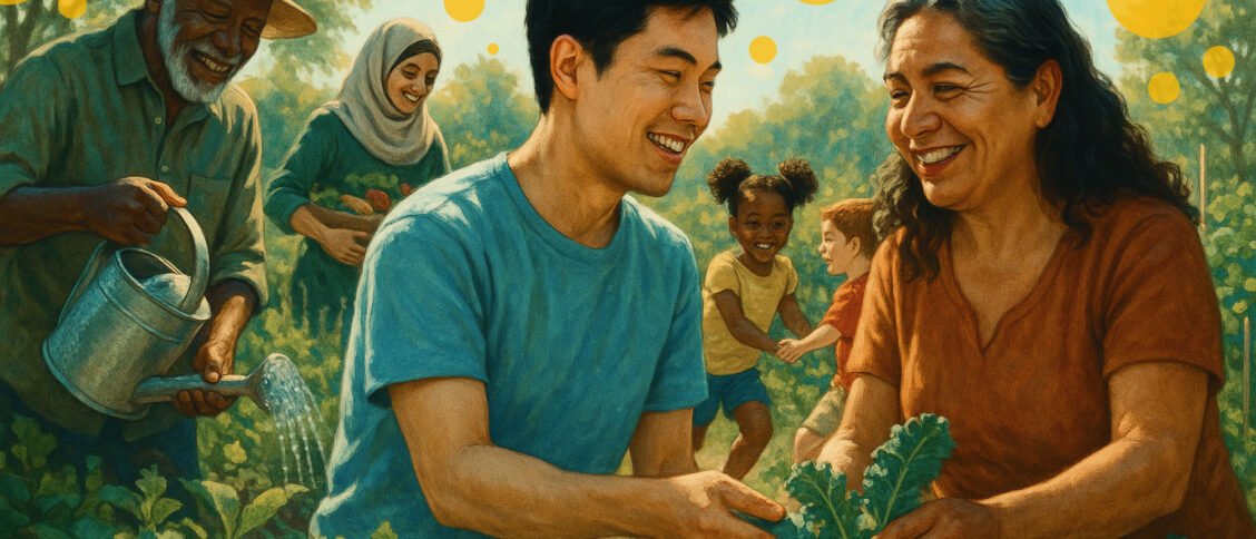 Diverse people working in a garden.