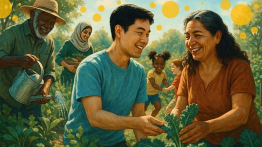 Diverse people working in a garden.