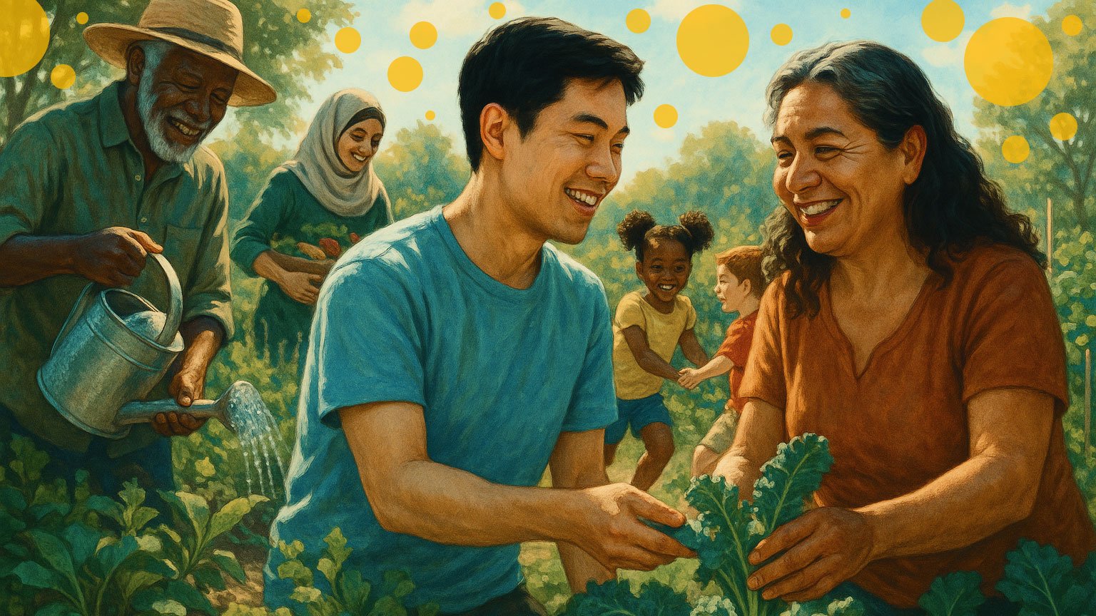 Diverse people working in a garden.