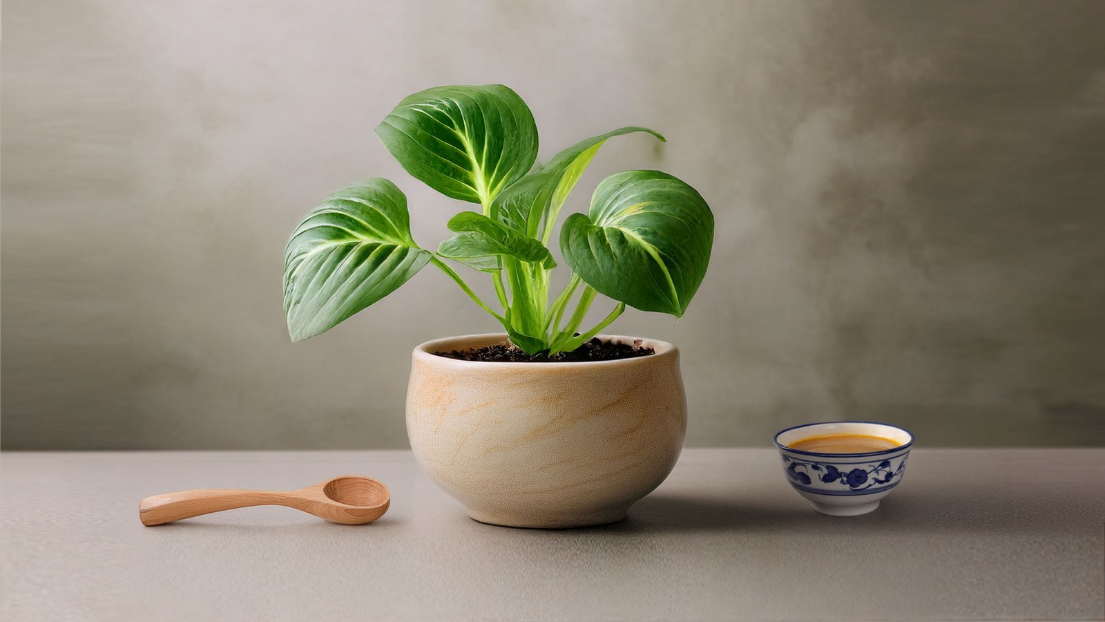 A plant in a ceramic pot, a wooden spoon to the left and a bowl of hot soup tothe right.