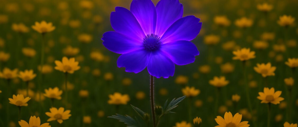 Purple flower amidst field of yellow flowers.