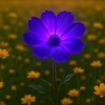 Purple flower amidst field of yellow flowers.