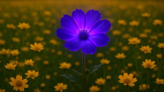 Purple flower amidst field of yellow flowers.
