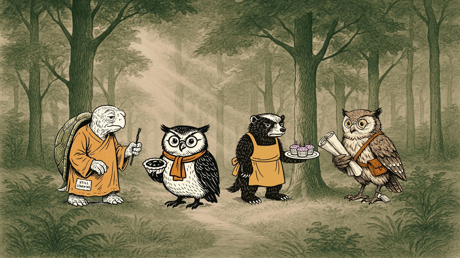 Republic Of Peace characters, Bendo the Turtle, Zoya the Wise Owl, Tavi the Otter, and Yana the Owl.