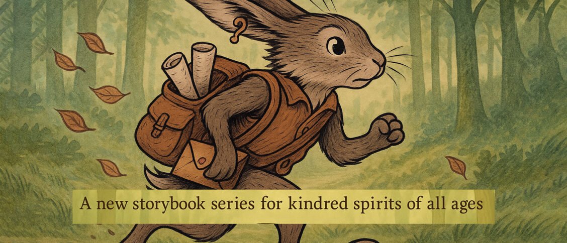 A young hare messenger named Nim is mid-stride, running along a forest path in early morning light. She wears a stitched orange messenger vest and carries a satchel stuffed with scrolls, one letter peeking out. A brass pin shaped like a question mark is clipped to her left ear. Leaves swirl behind her, kicked up by her speed.