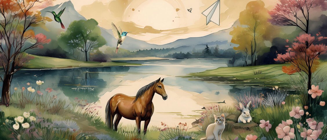 A peaceful scene with a horse, hummingbirds, bunny, and cat by a lake.