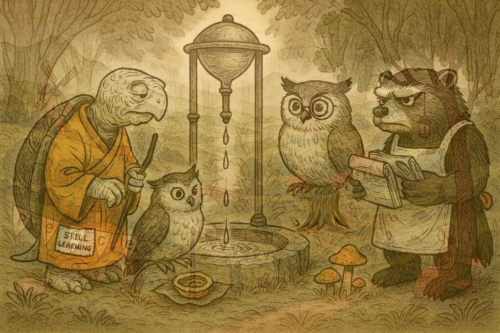 Bendo the turle presiding over the council while Zoya and Yana the owls, and Tavi the Otter look on.