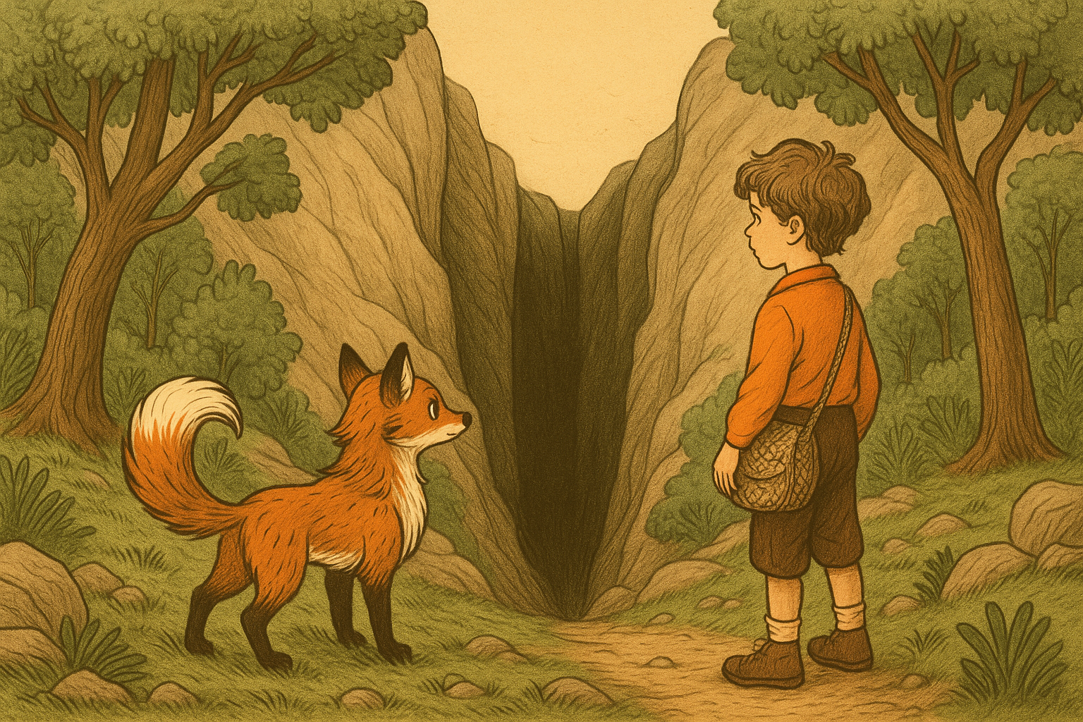 Wisp, the fox and Lumo, the sad boy at the Hollow.