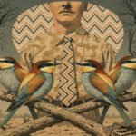 portrait of man from nose dow, flanked by a zebra on either side, in front of him are birds perched on branches.
