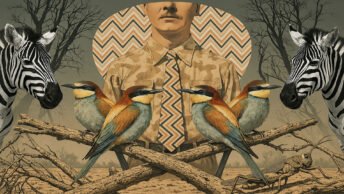 portrait of man from nose dow, flanked by a zebra on either side, in front of him are birds perched on branches.
