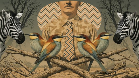 portrait of man from nose dow, flanked by a zebra on either side, in front of him are birds perched on branches.