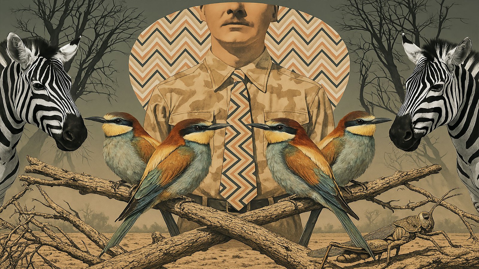 portrait of man from nose dow, flanked by a zebra on either side, in front of him are birds perched on branches.