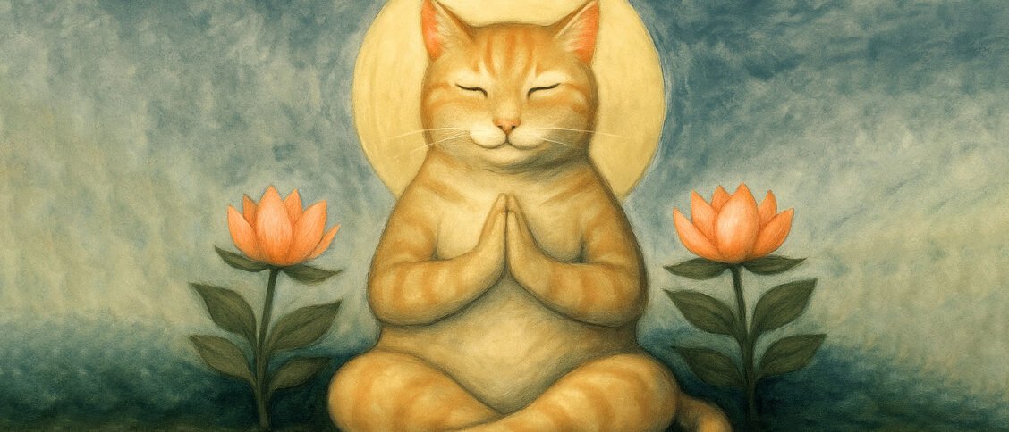 Cat with halo aroundf its head sitting in Zen like position between two lotus plants.