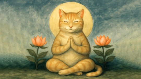 Cat with halo aroundf its head sitting in Zen like position between two lotus plants.