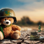 teddy bear wearing helmet, sitting on cracked earth, next to abandoned boots.