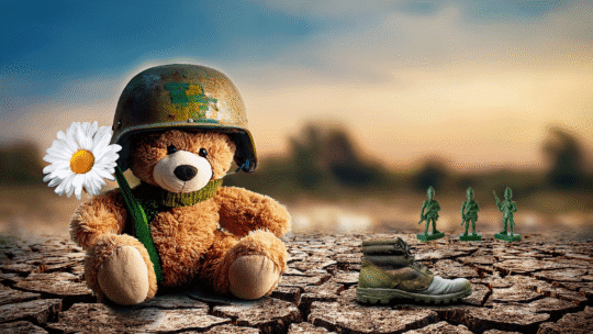 teddy bear wearing helmet, sitting on cracked earth, next to abandoned boots.
